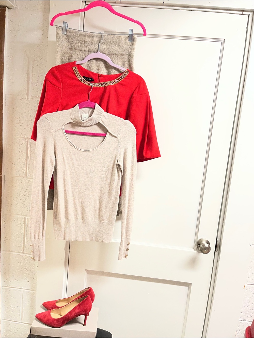 4 pc Red Embellished top/long sleeve top/Suede Red Heels/sweater skirt